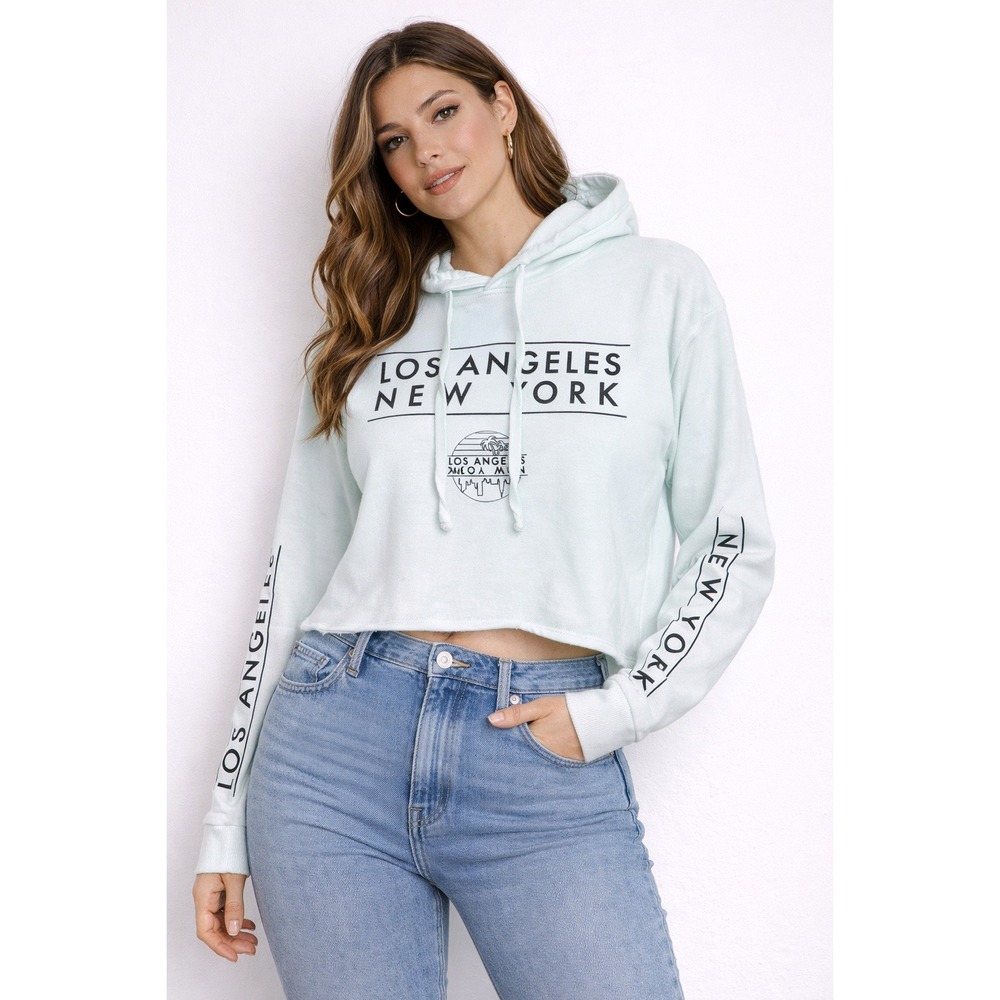 Mighty Fine Cropped Hoodie Los Angeles New York Graphic Print Light Blue L